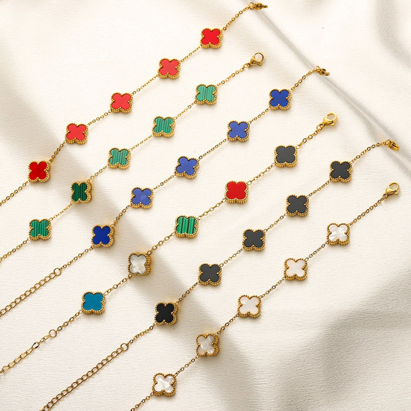 304 Stainless Steel Colorful Quatrefoil Station Chain Bracelet