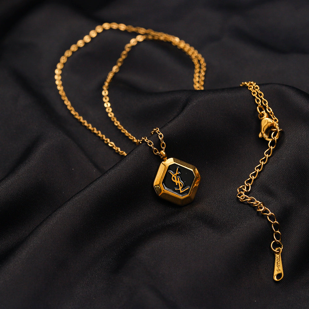 304 Stainless Steel Black-Inlay Octagonal Monogram Necklace