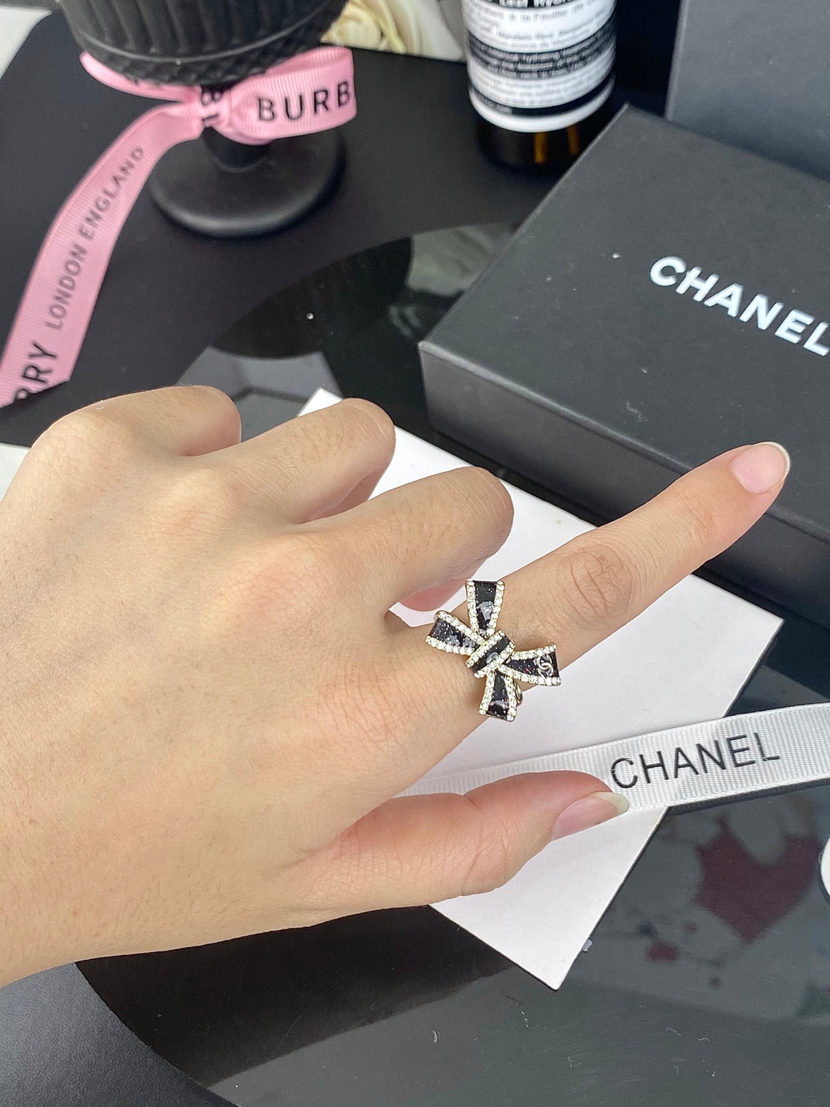 Black Bow Ring with Stone Accents