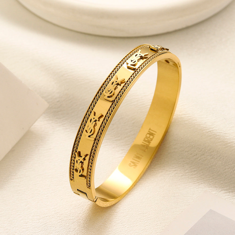 304 Stainless Steel Engraved Pave-Edge Bangle Bracelet