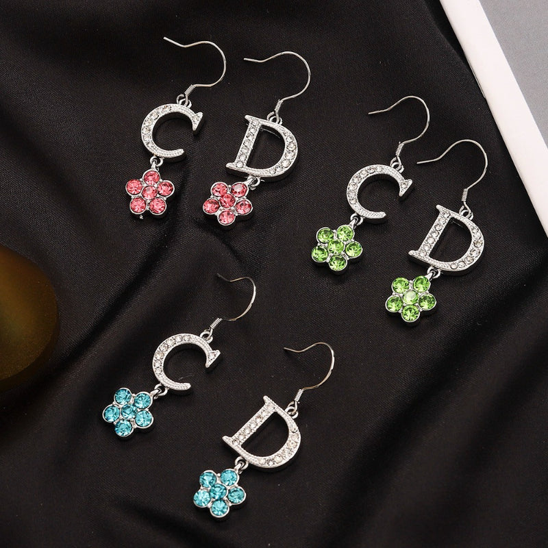 304 Stainless Steel Pave Letter & Flower Drop Earrings