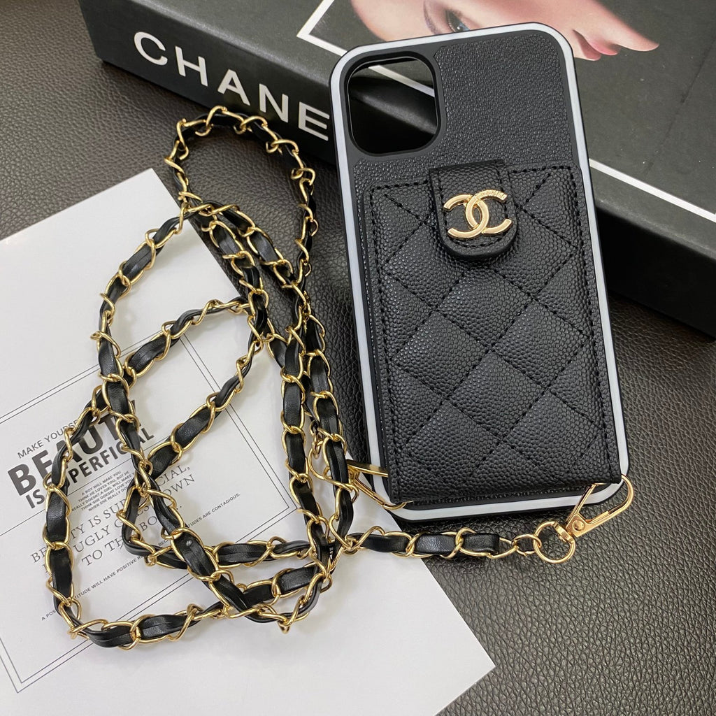Diamond Quilted Card Pocket Phone Case with Chain