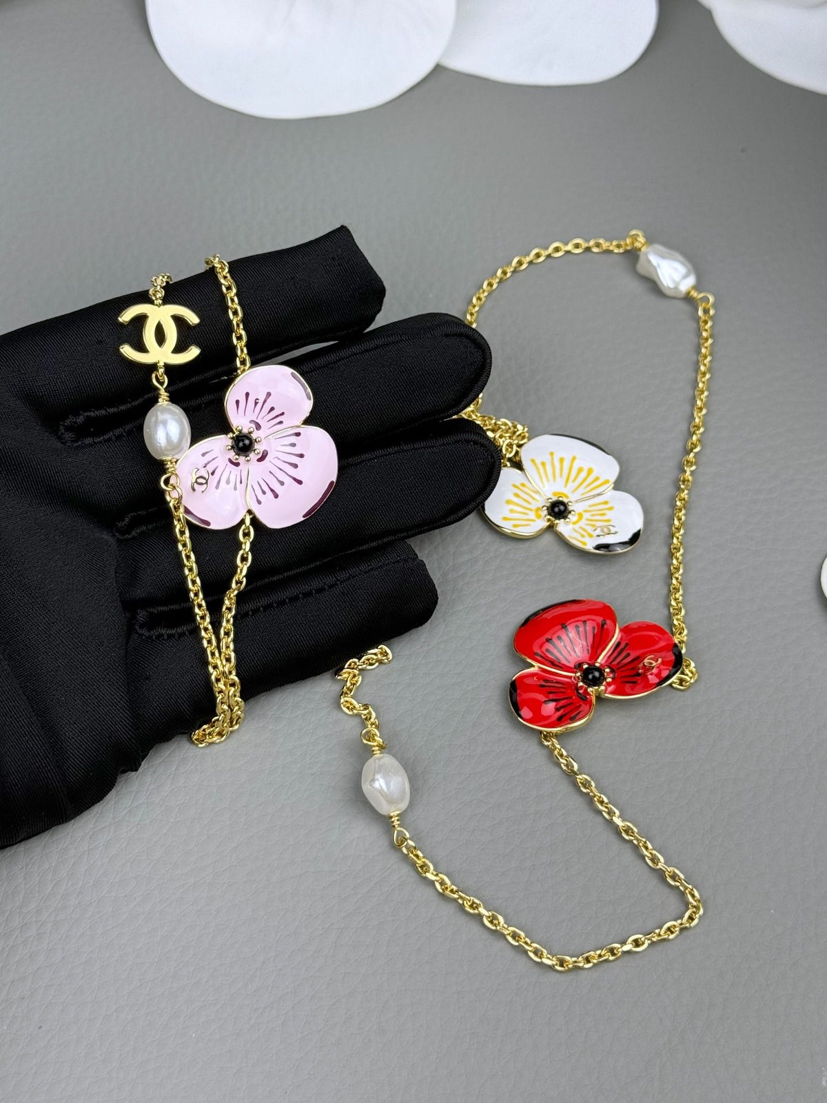 Layered Floral Necklace with Pearl-Look Tassels