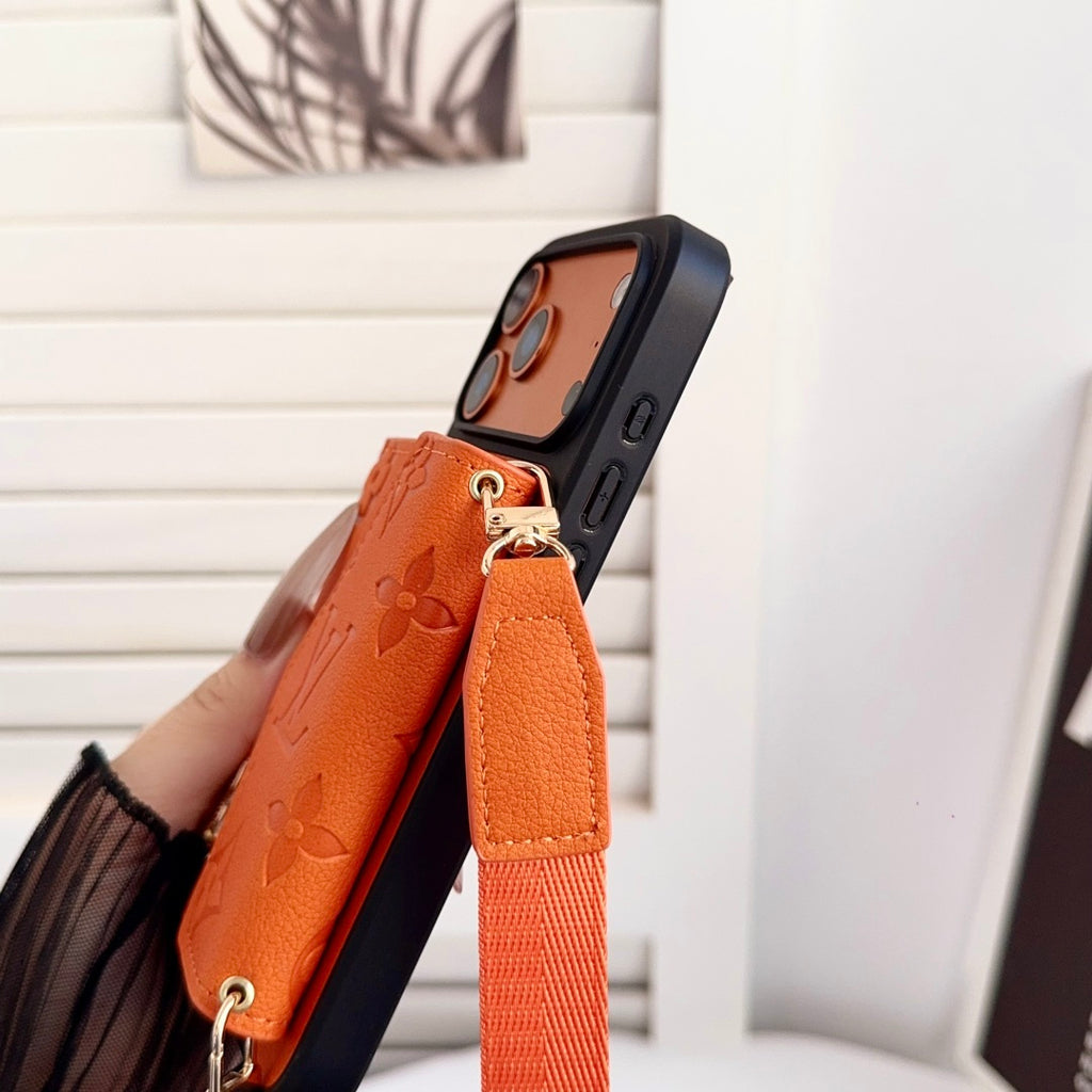 Embossed Letter Phone Case with Card Pocket and Strap