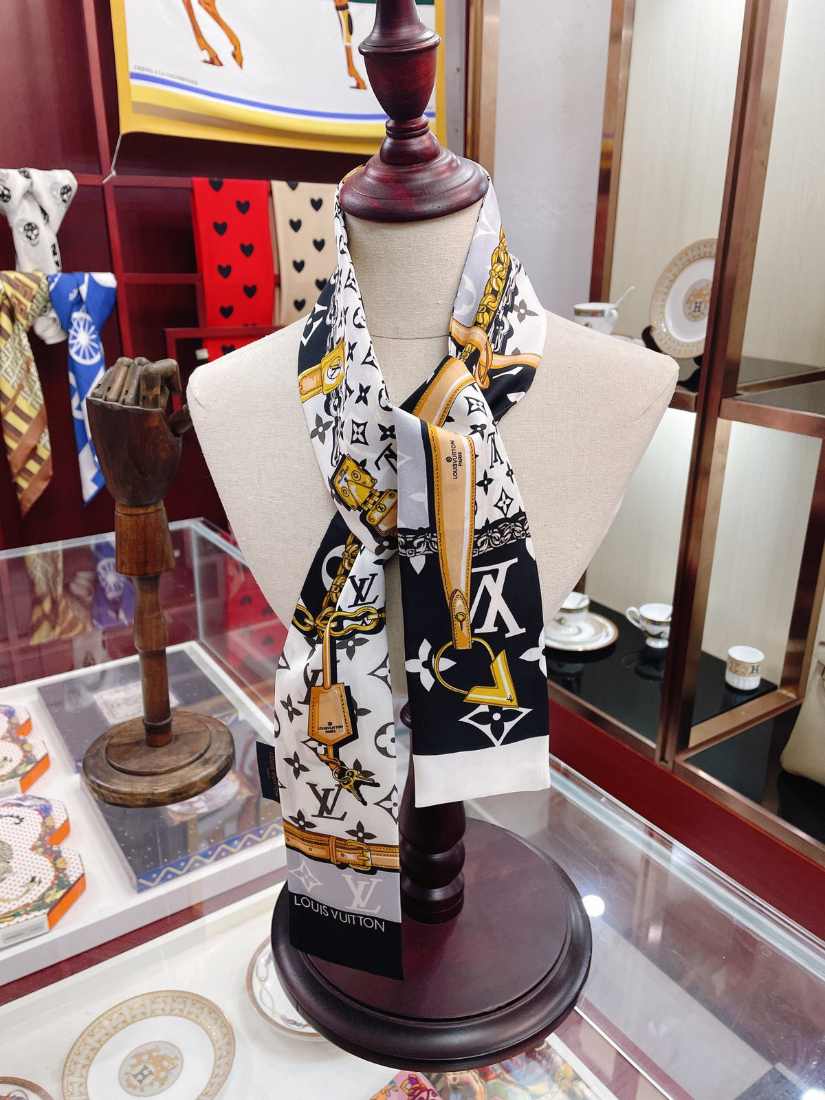 Chain & Monogram Print Ribbon Scarf - 5 x 120 cm