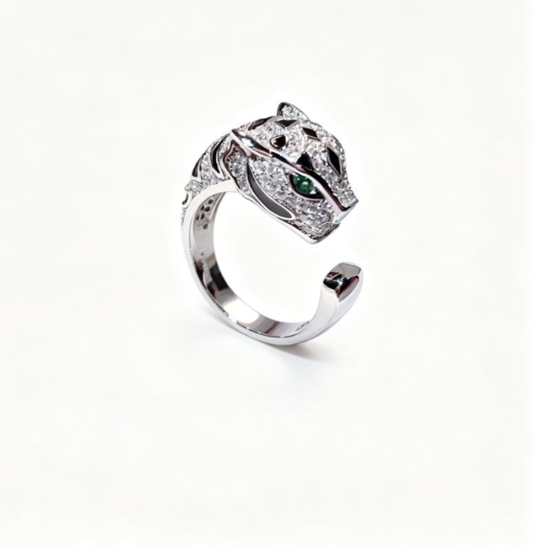 Silver-Tone Panther Head Open Ring with Dark Spots