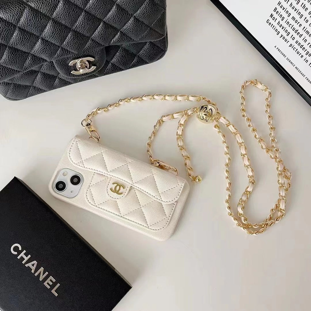 Funda acolchada para teléfono con correa de cadena de cuentas