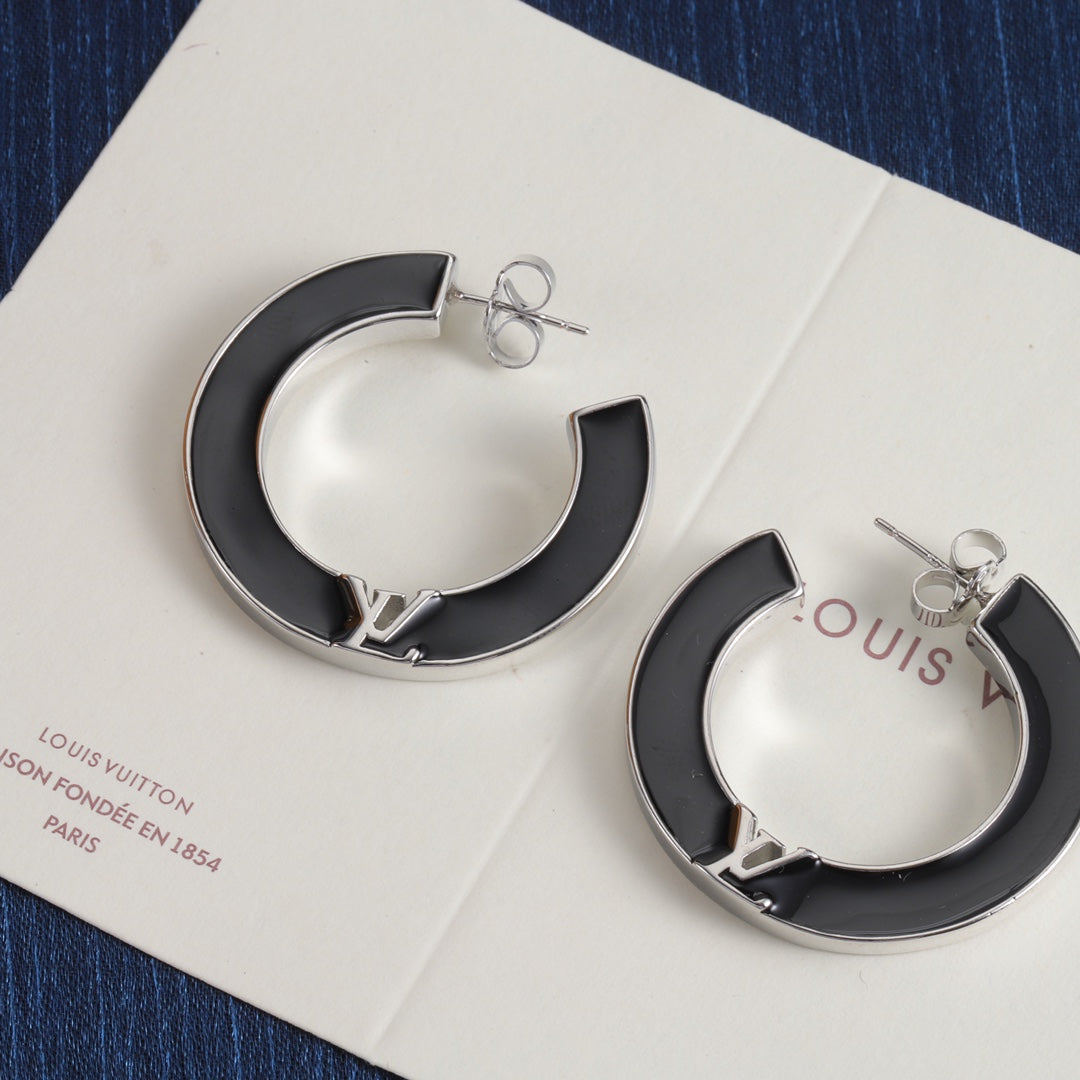 Black Inlay Open Hoop Earrings