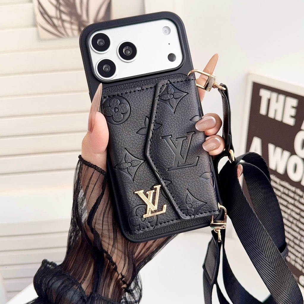 Embossed Letter Phone Case with Card Pocket and Strap