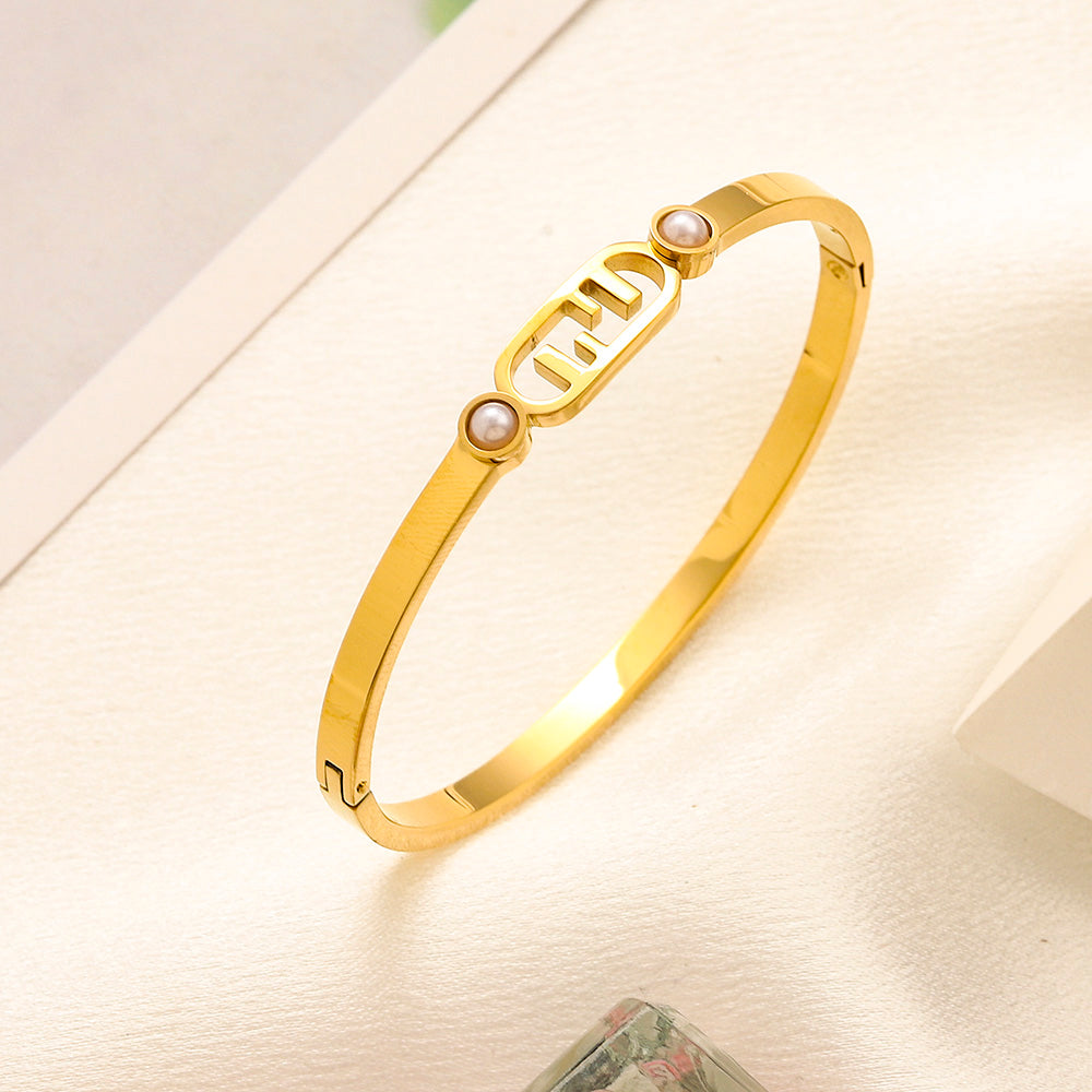 304 Stainless Steel F-Motif Stone-Accent Bangle Bracelet