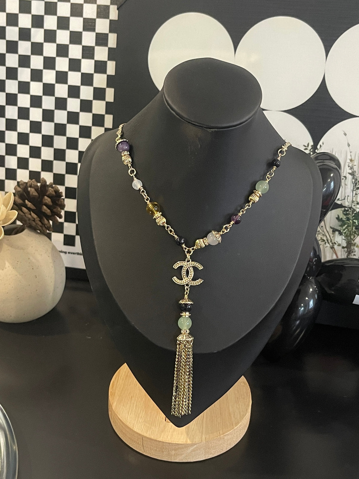 Gold Tone Long Tassel Handmade Beaded Pendant Necklace