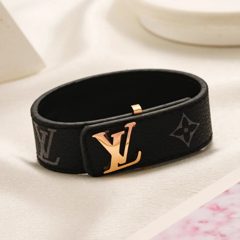 304 Stainless Steel Wide Black Monogram Strap Bracelet