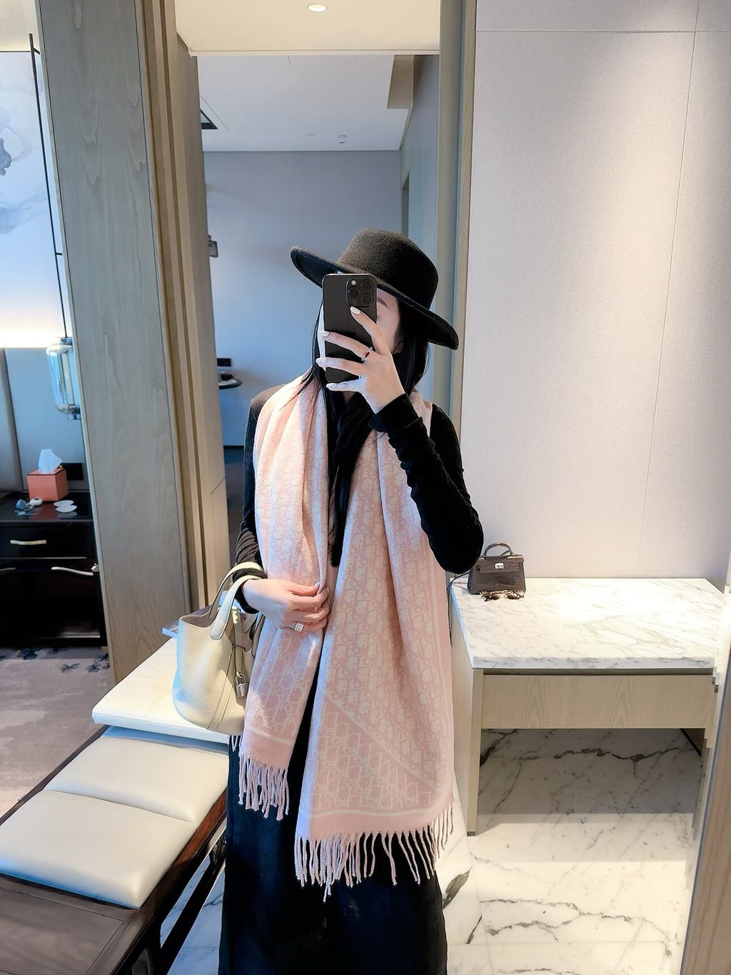 Allover Monogram Border Scarf with Fringe