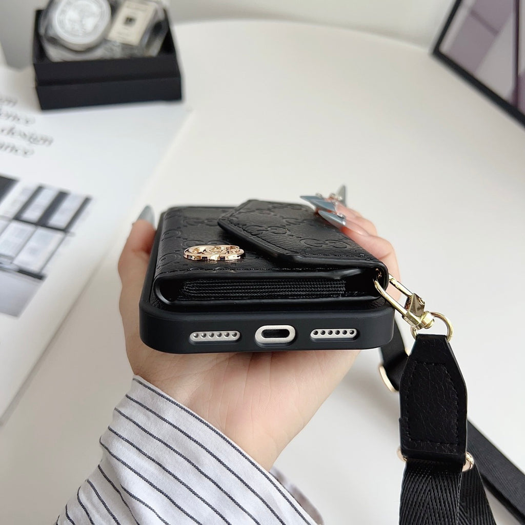 Quilted Emblem Phone Case with Card Pocket and Strap