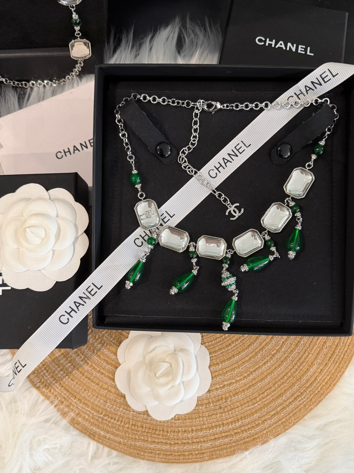 Vintage Geometric Pendant Necklace with Square, Emerald Teardrop & Clear Sugar-Cube Charms