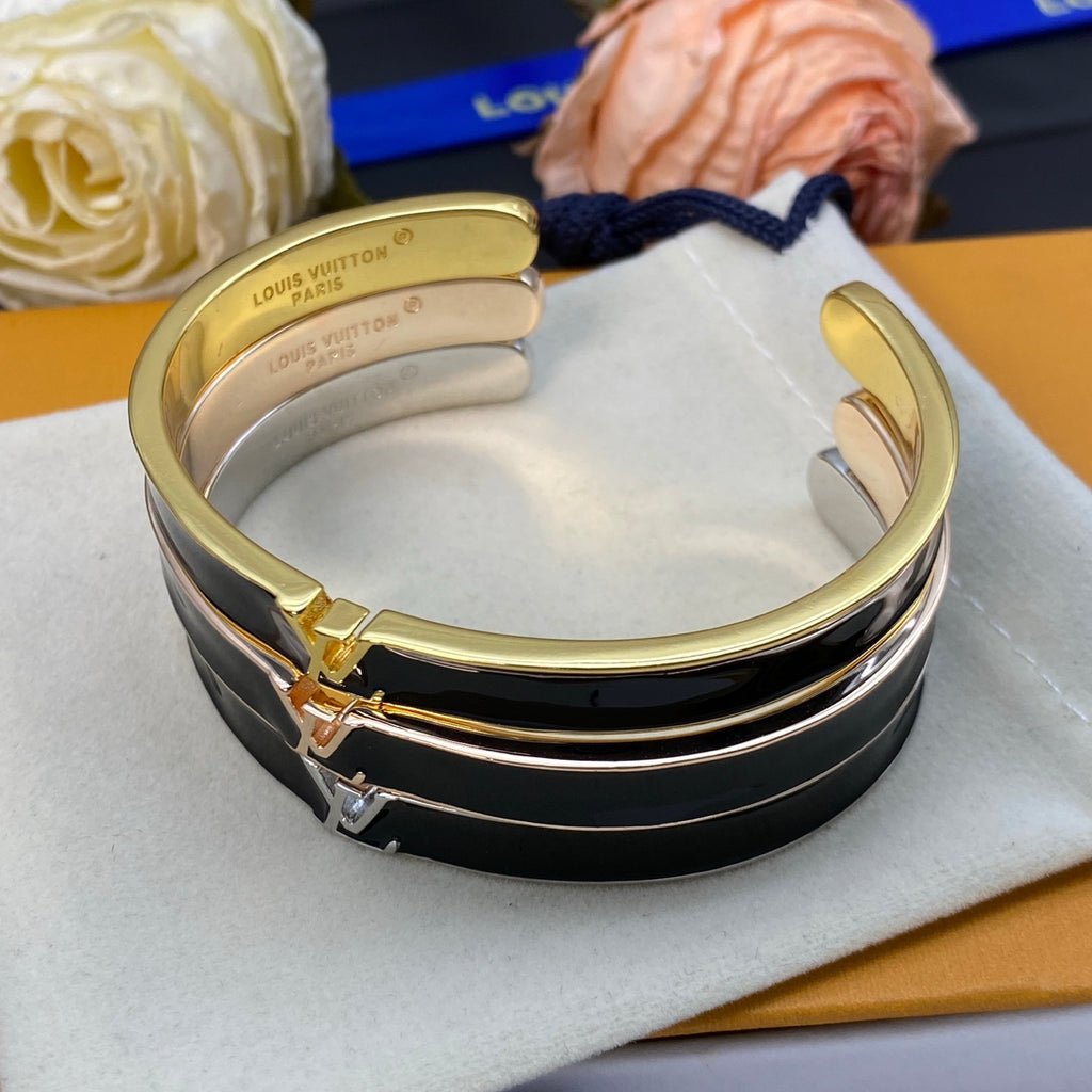 Black Inlay Monogram Cuff Bracelet