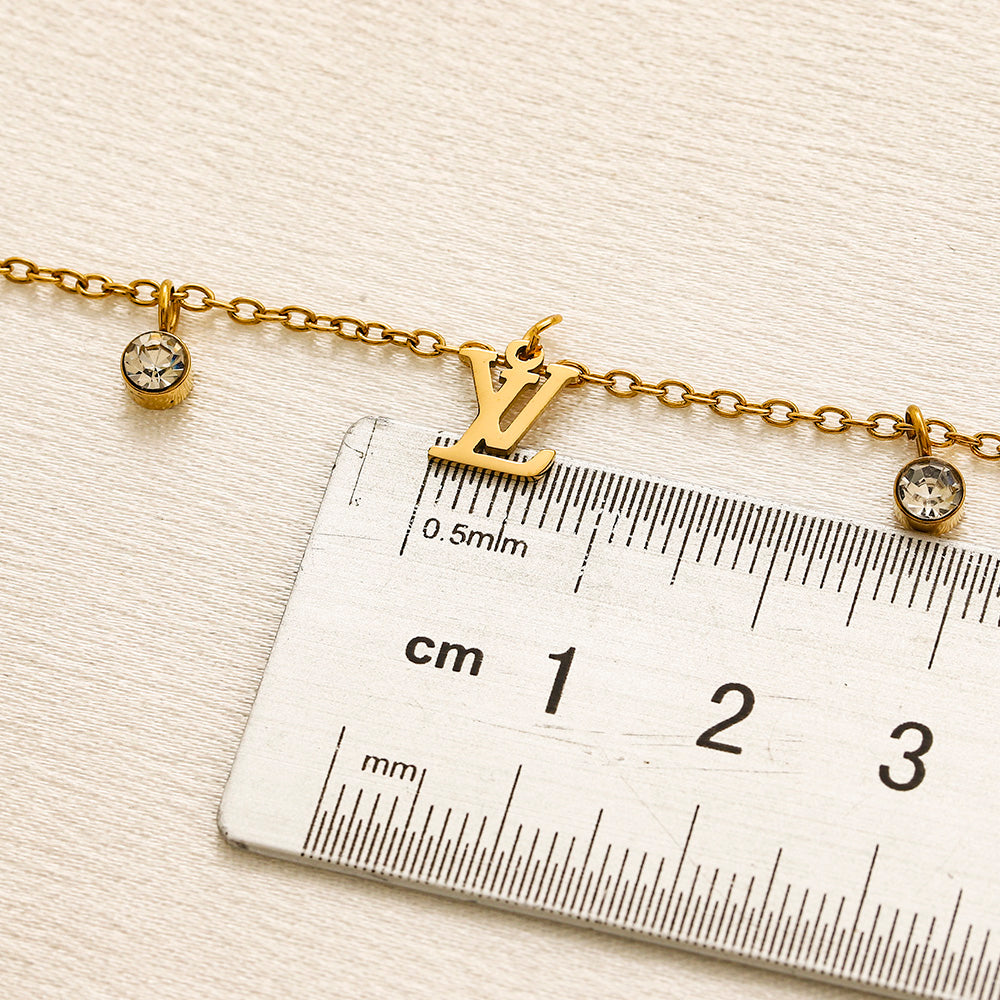 304 Stainless Steel Letter & Stone Station Anklet