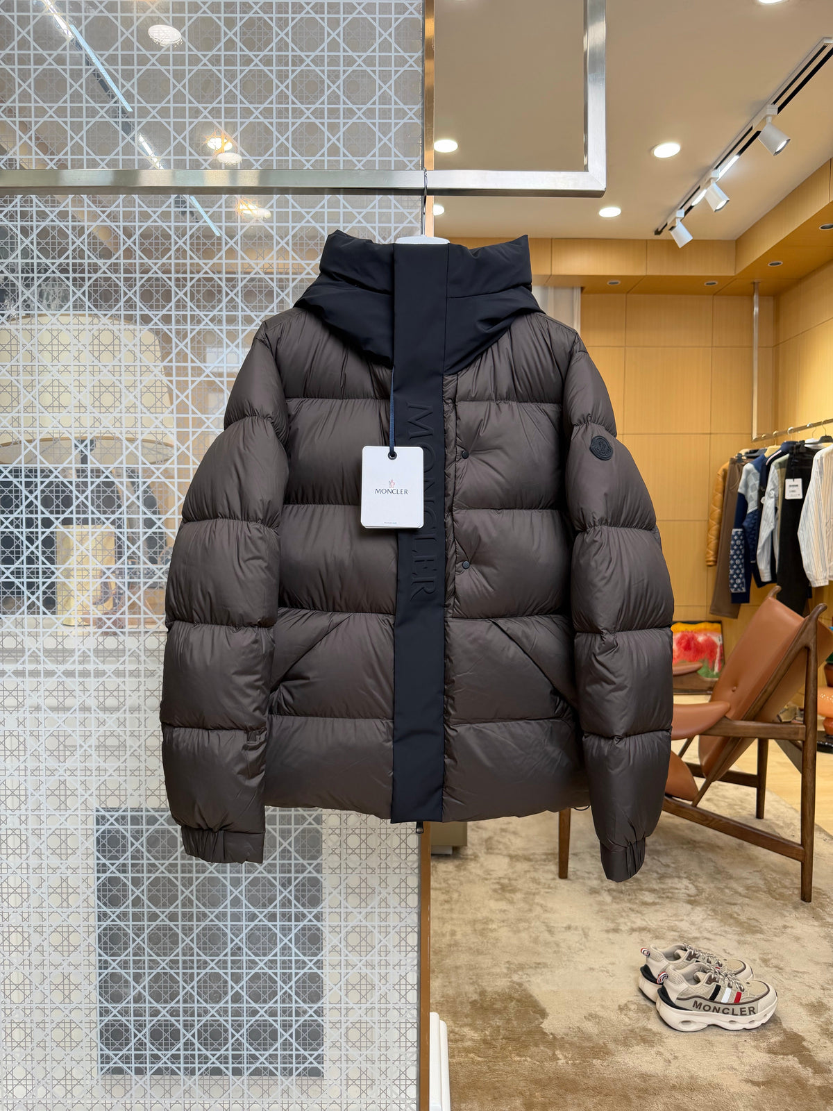 Hooded Down Puffer Jacket with Contrast Trim - Coffee