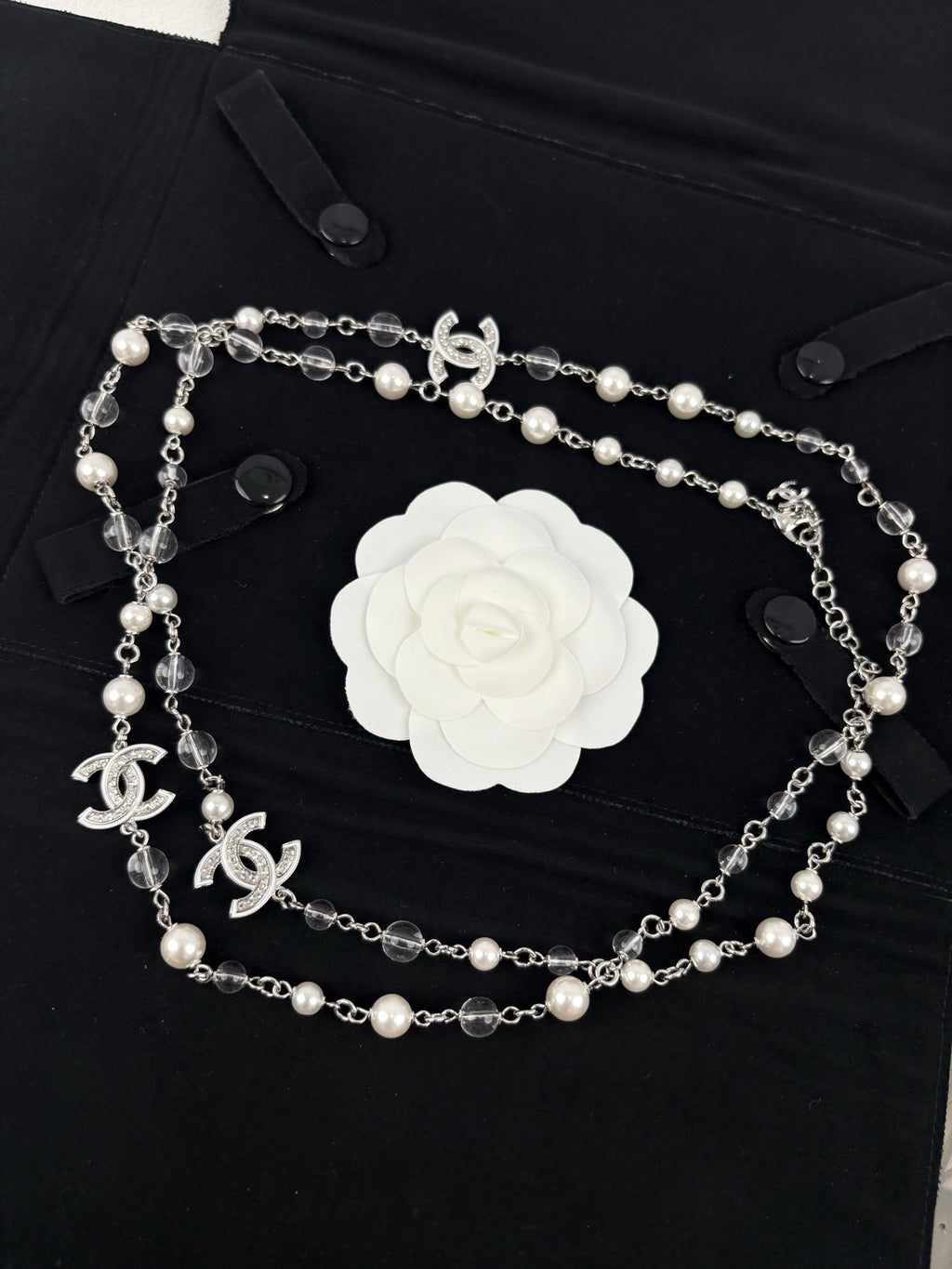 Silver Tone Faux Pearl Sweater Necklace, White Enamel, Sequins & Clear Beads