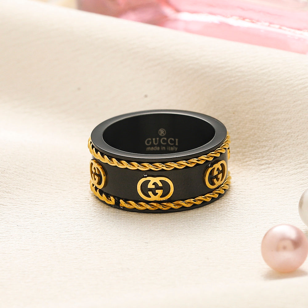 304 Stainless Steel Black-Inlay Chain-Edge Emblem Ring