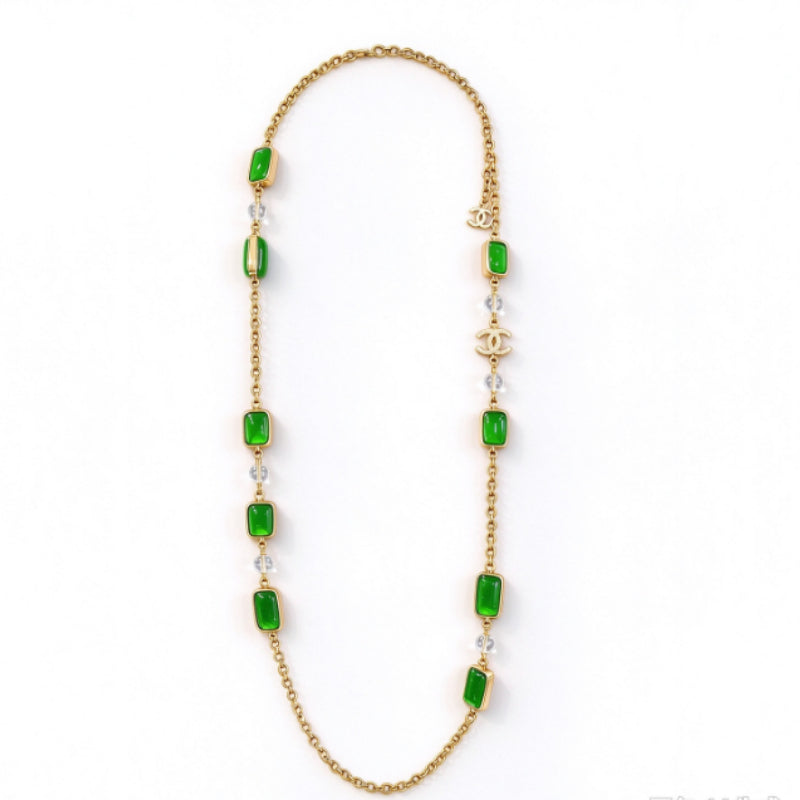 Collar vintage de cuentas cuadradas de cristal verde esmeralda y tono dorado, estilo suéter, cuentas cuadradas tipo caramelo