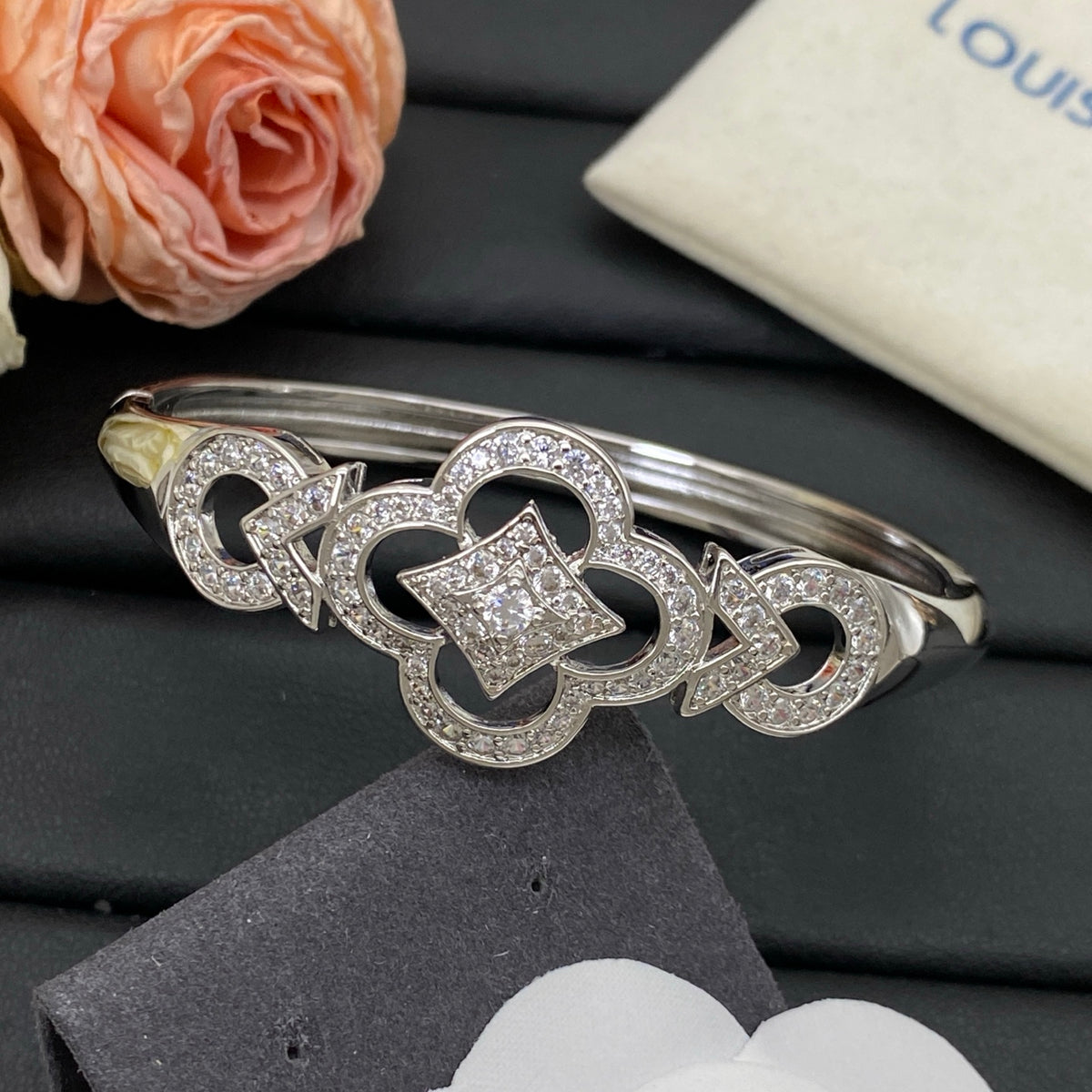 Pave Quatrefoil Open Cuff Bracelet