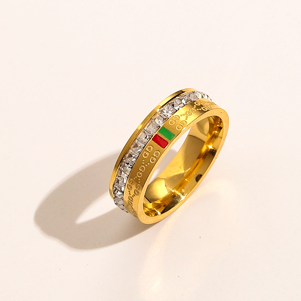 304 Stainless Steel Web Stripe Band Ring with Stone Accents
