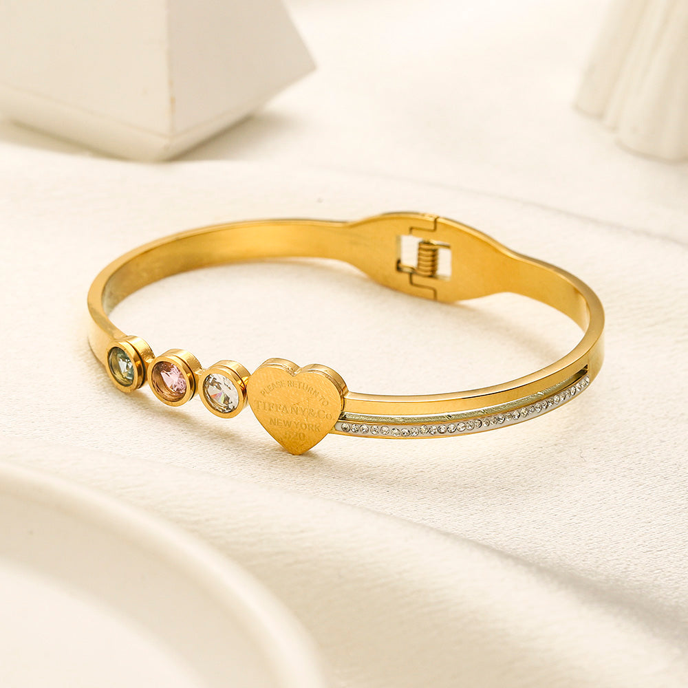 304 Stainless Steel Pastel Stone & Heart Bangle Bracelet