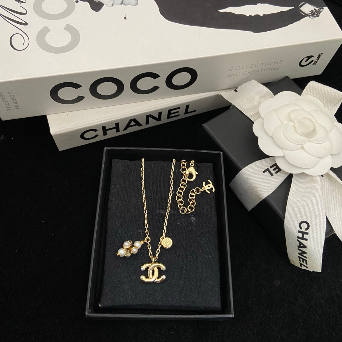 Interlocking-C Necklace with Pearl-Look Cluster