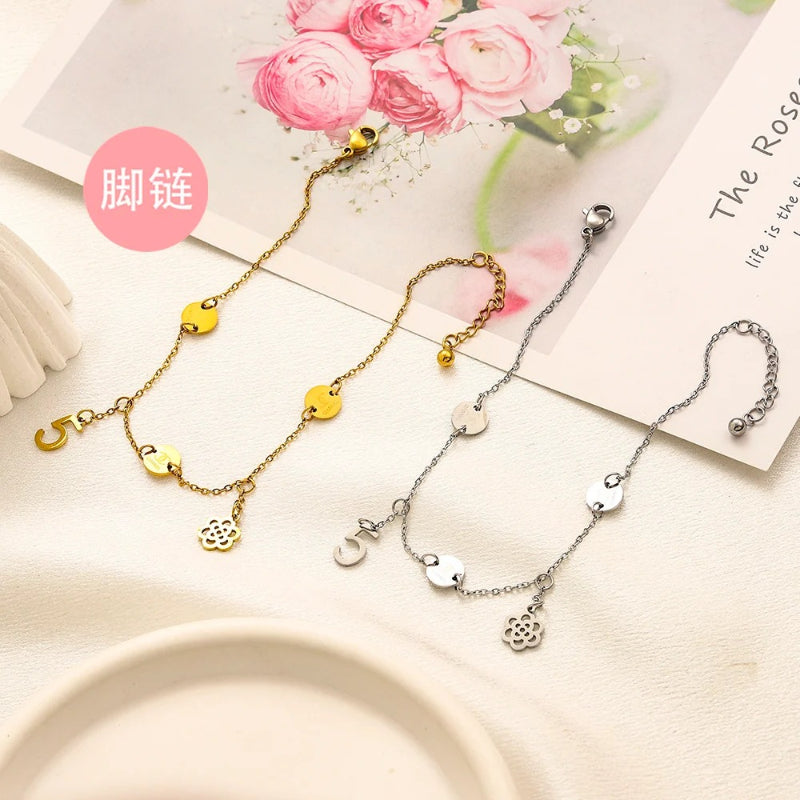 304 Stainless Steel Round Medallion Station Anklet