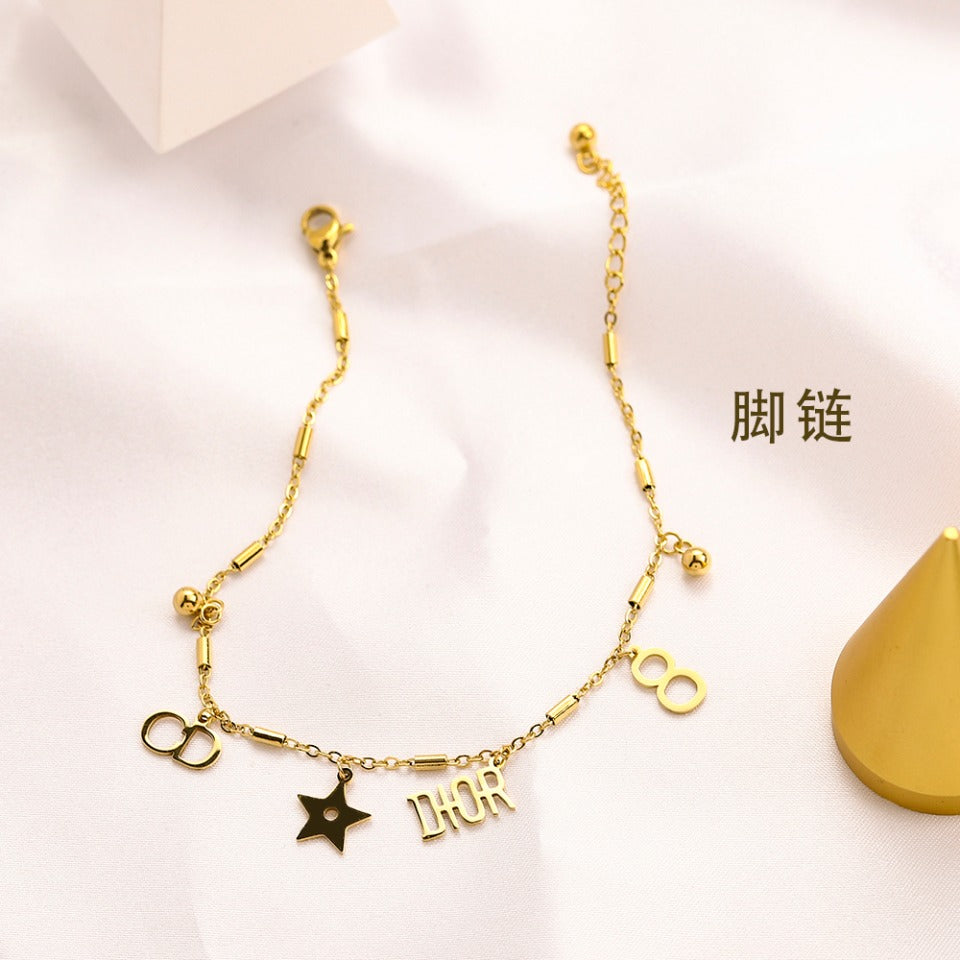 304 Stainless Steel Letter & Open Circle Charm Anklet