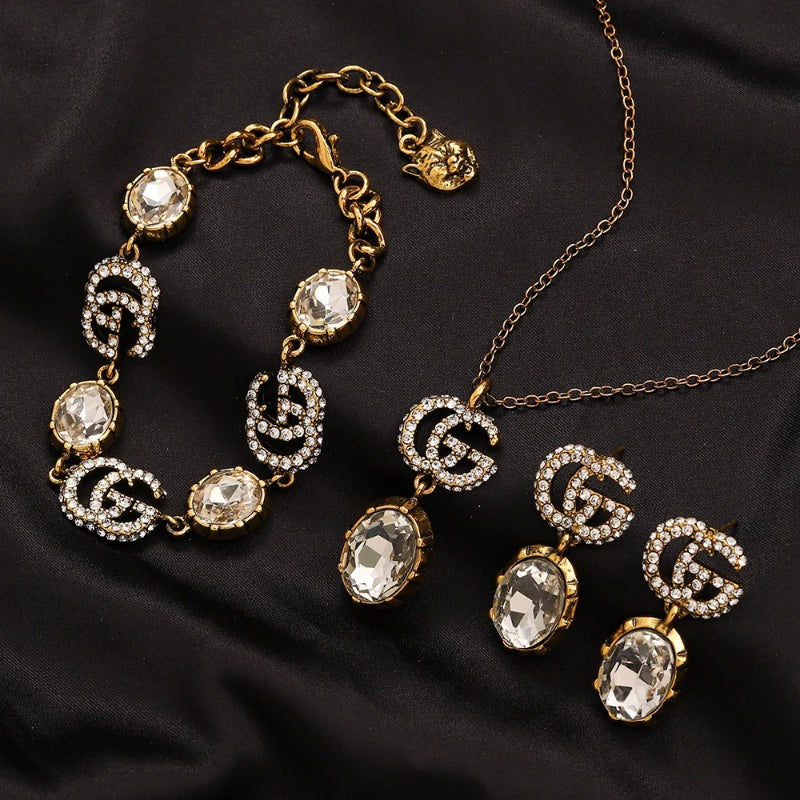 Alloy Oval Stone Earrings, Bracelet & Necklace Collection