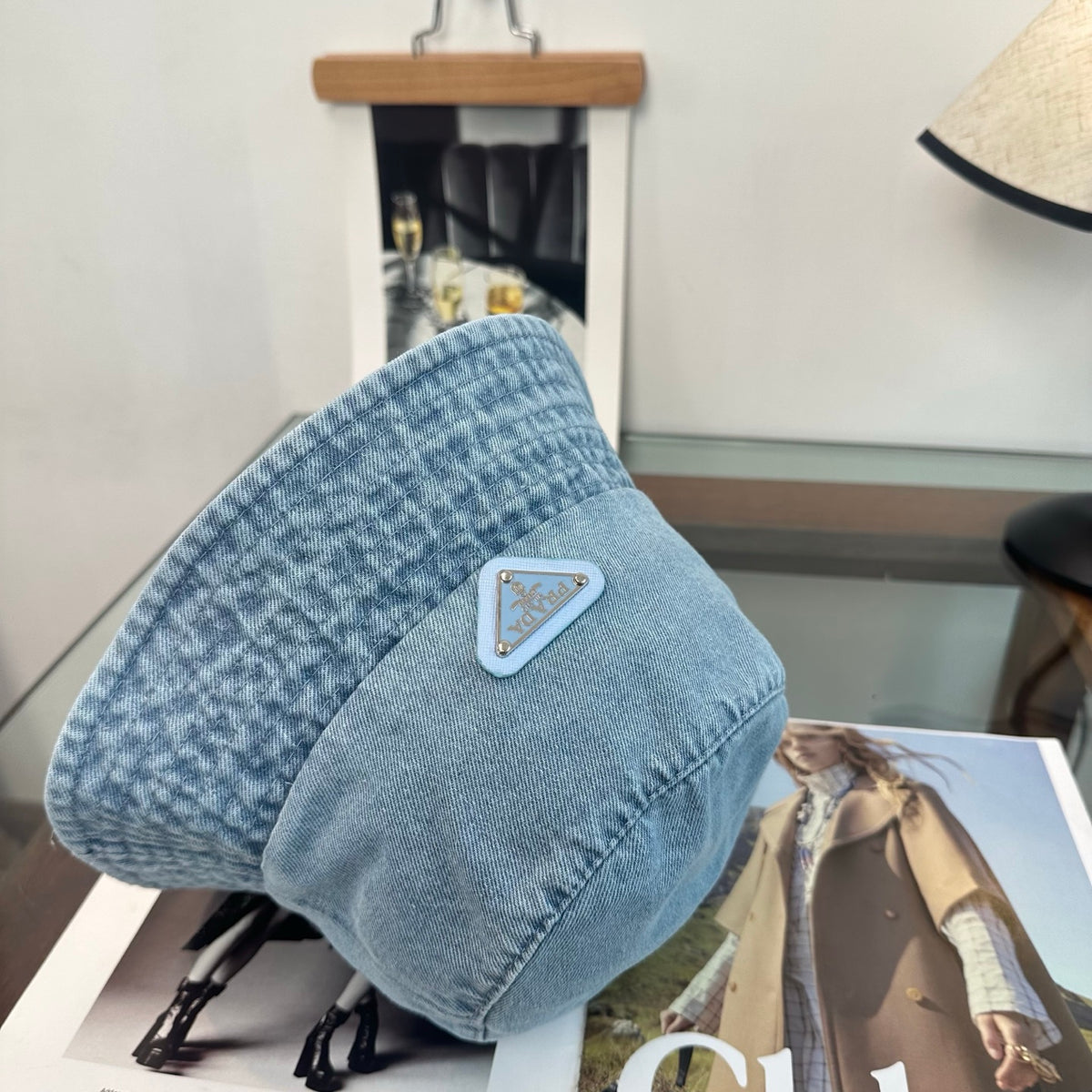 Denim Bucket Hat with Triangle Emblem