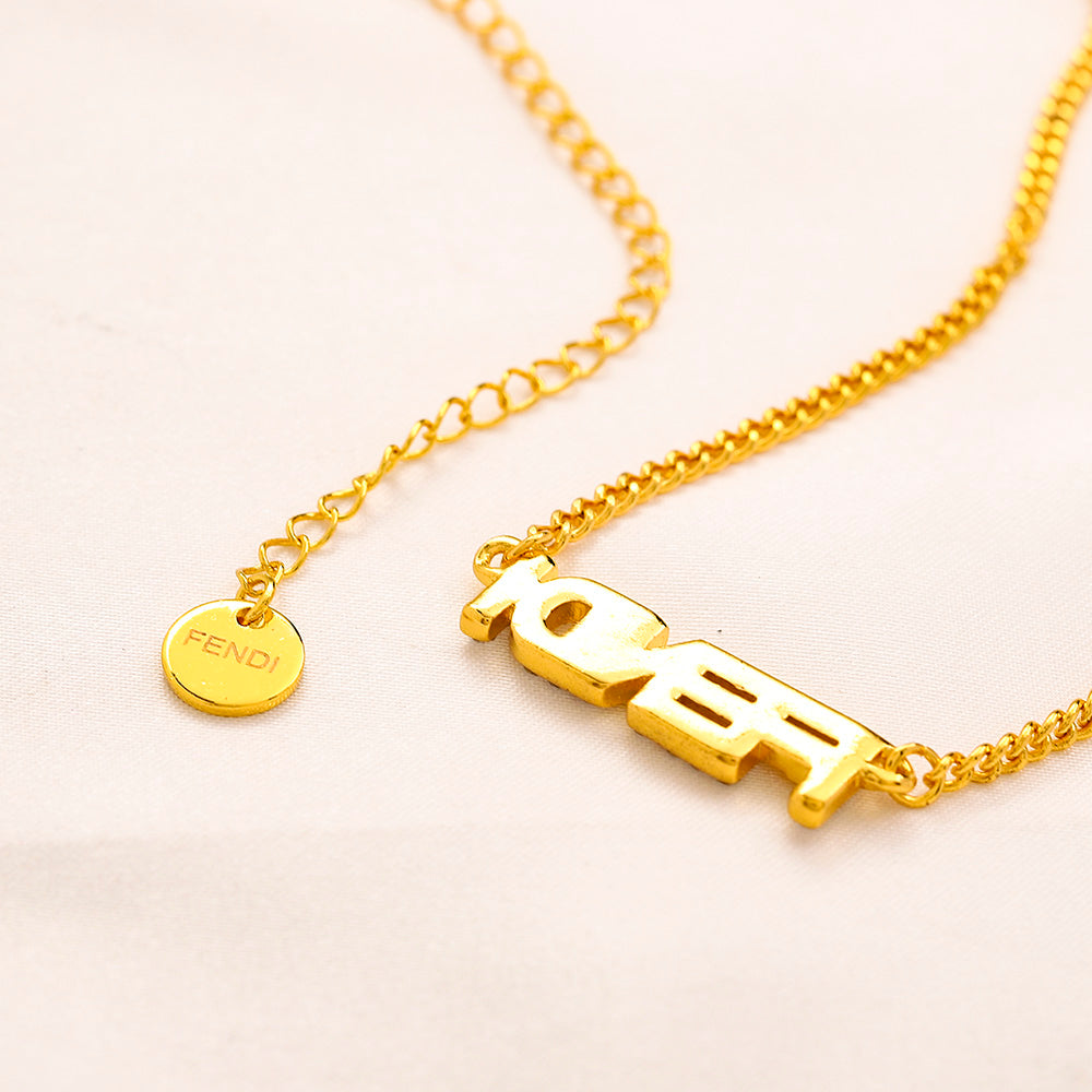 304 Stainless Steel Pave F-Motif Pendant Necklace