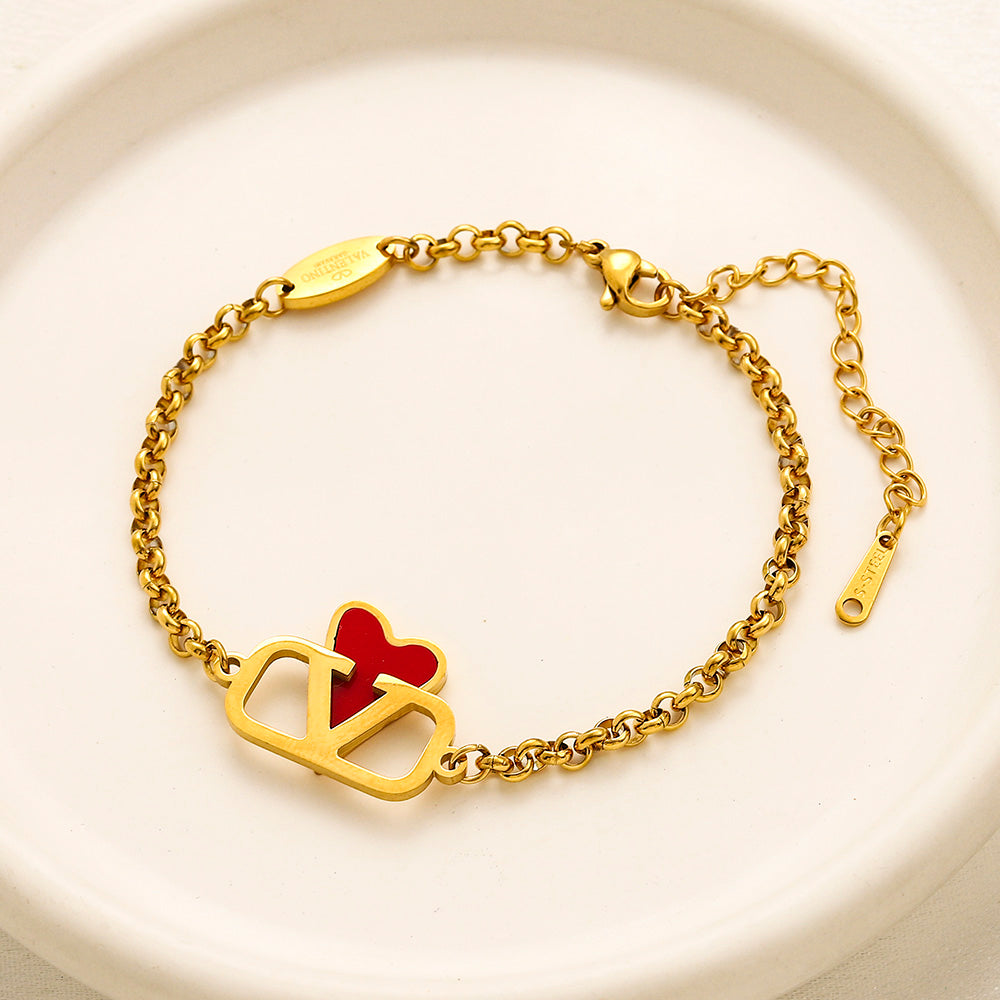 304 Stainless Steel Red Heart & V-Motif Chain Bracelet