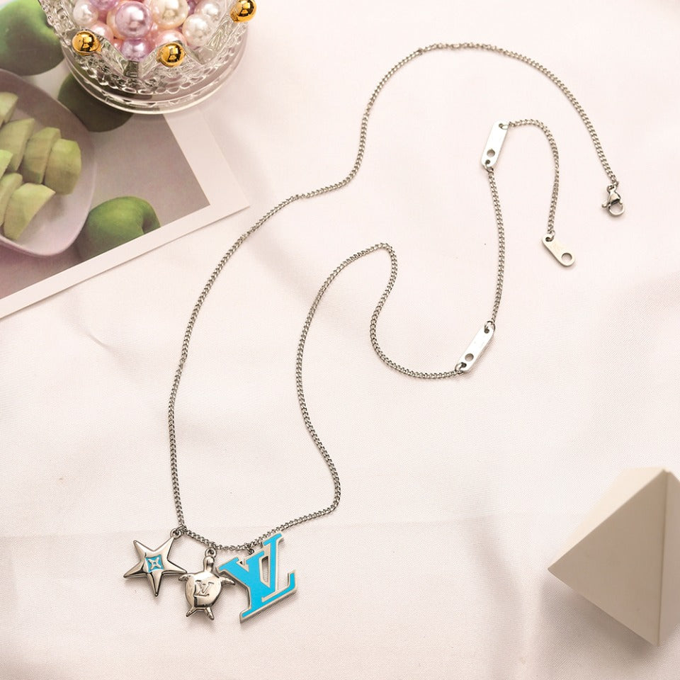 304 Stainless Steel Color-Accent Floral Monogram Necklace