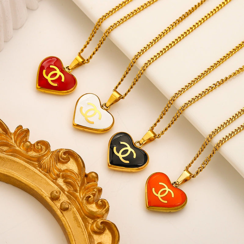 304 Stainless Steel Color-Inlay Interlocking-C Heart Necklace