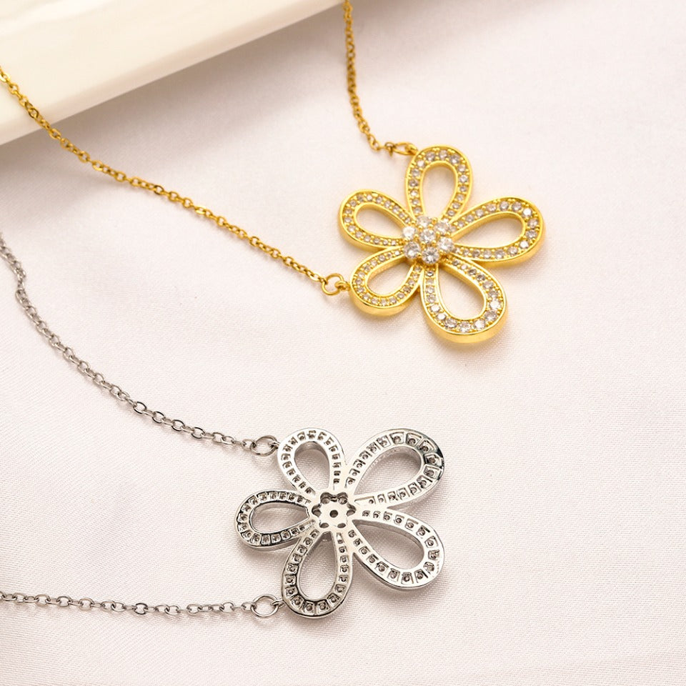 304 Stainless Steel Openwork Pave Flower Pendant Necklace