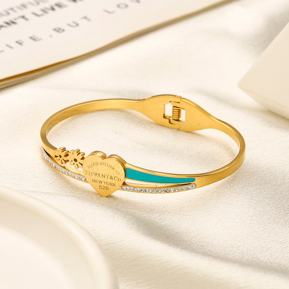 304 Stainless Steel Turquoise-Accent Heart Bangle Bracelet