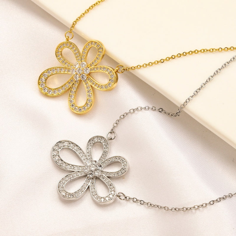 304 Stainless Steel Openwork Pave Flower Pendant Necklace