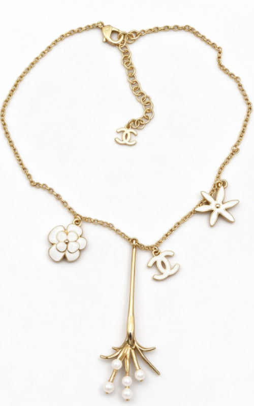 Gold Tone Enamel Floral Charm Choker Necklace with Pearl Accents