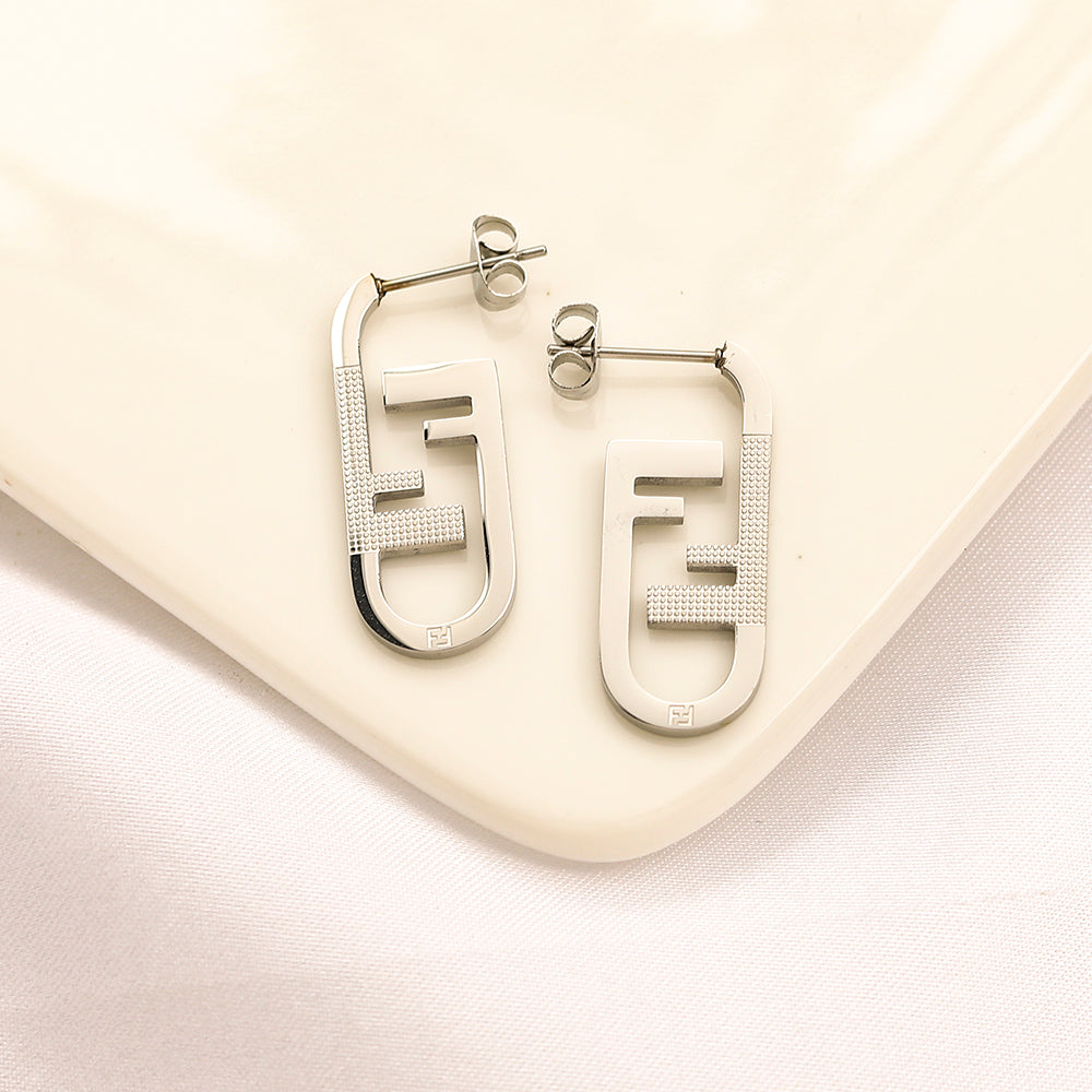 304 Stainless Steel F-Motif Oval Hoop Earrings