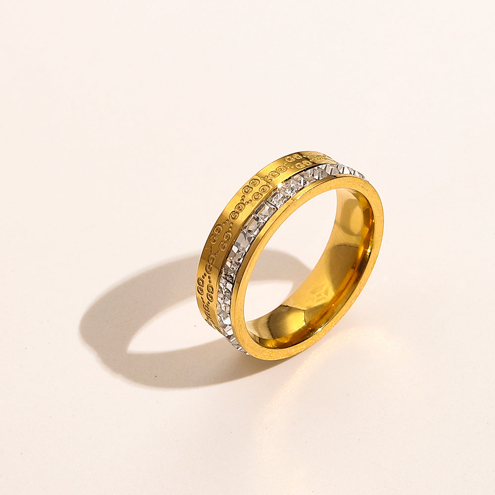304 Stainless Steel Web Stripe Band Ring with Stone Accents