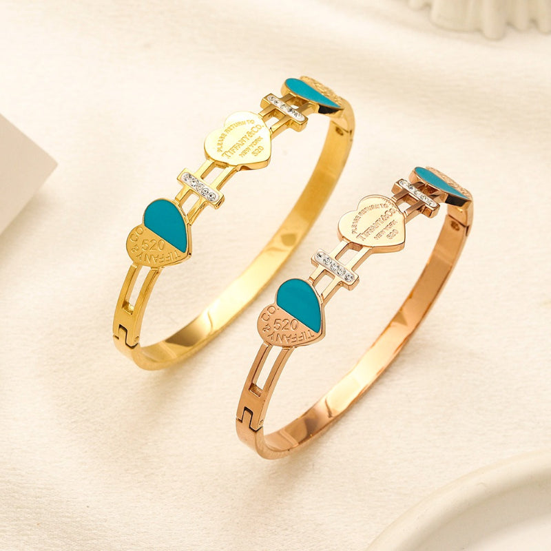 304 Stainless Steel Blue Heart & Pave Link Bangle Bracelet