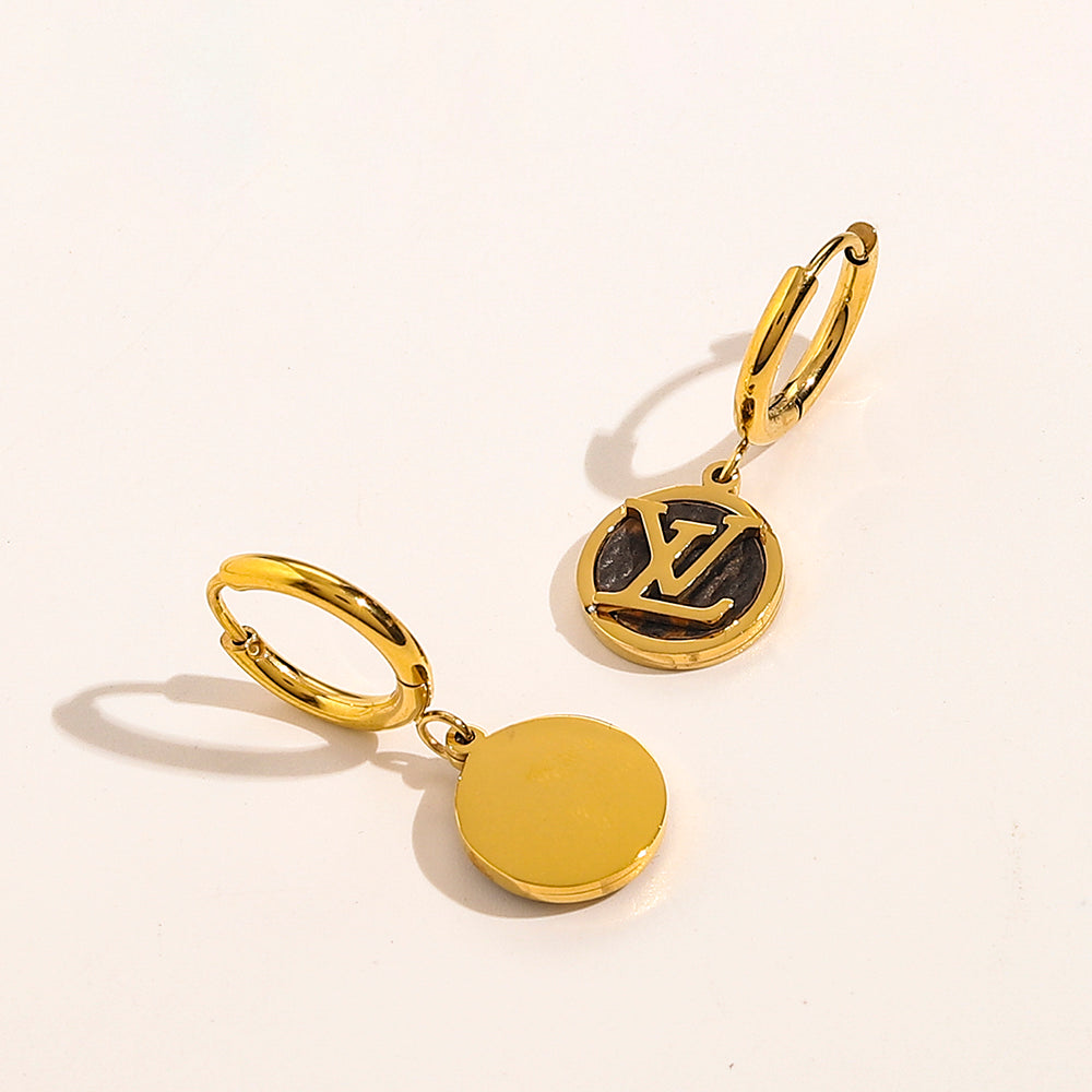 Pendientes de aro con dije de disco con monograma en acero inoxidable 304 negro