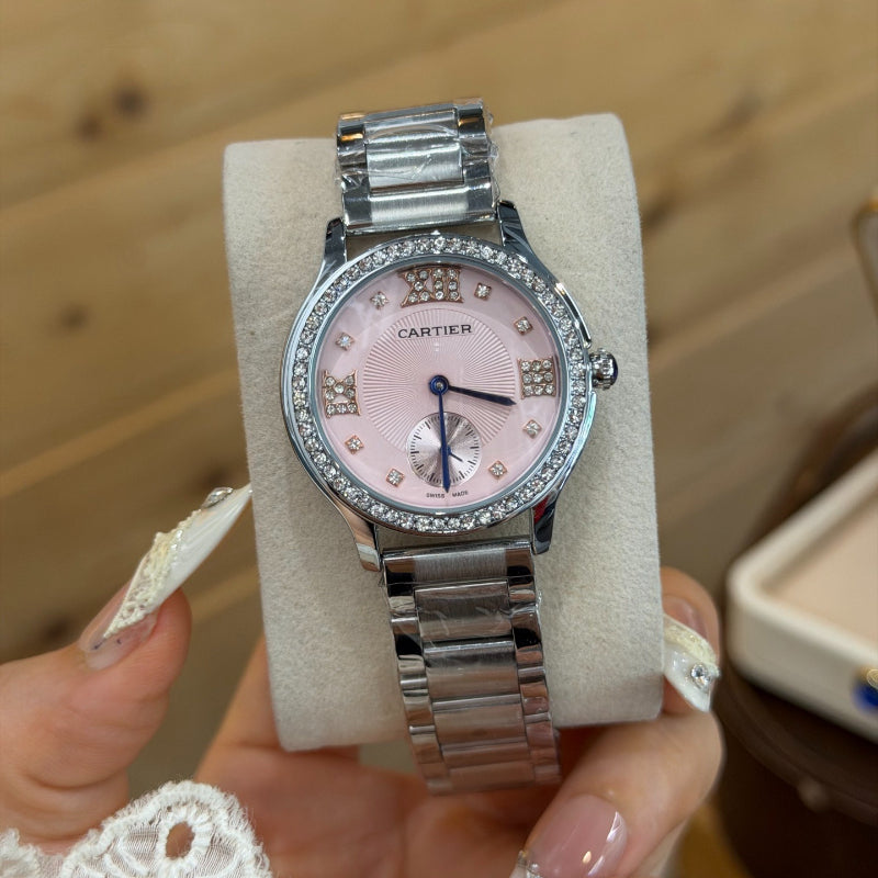 33mm Round Quartz Watch with Stone-Set Bezel and Link Bracelet