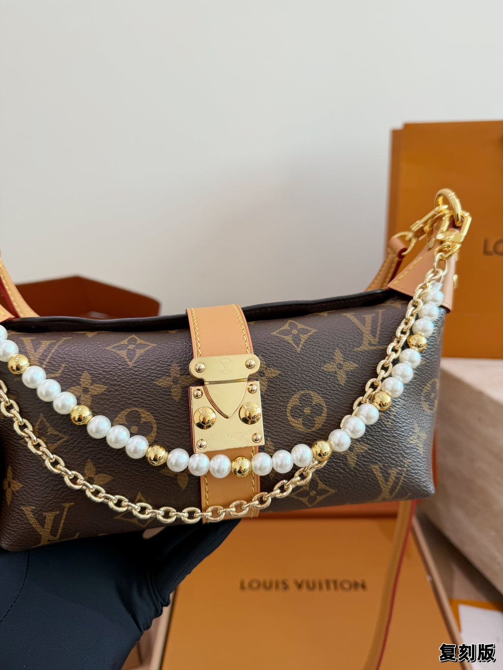 Monogram Pearl-Chain Shoulder Bag — view 4