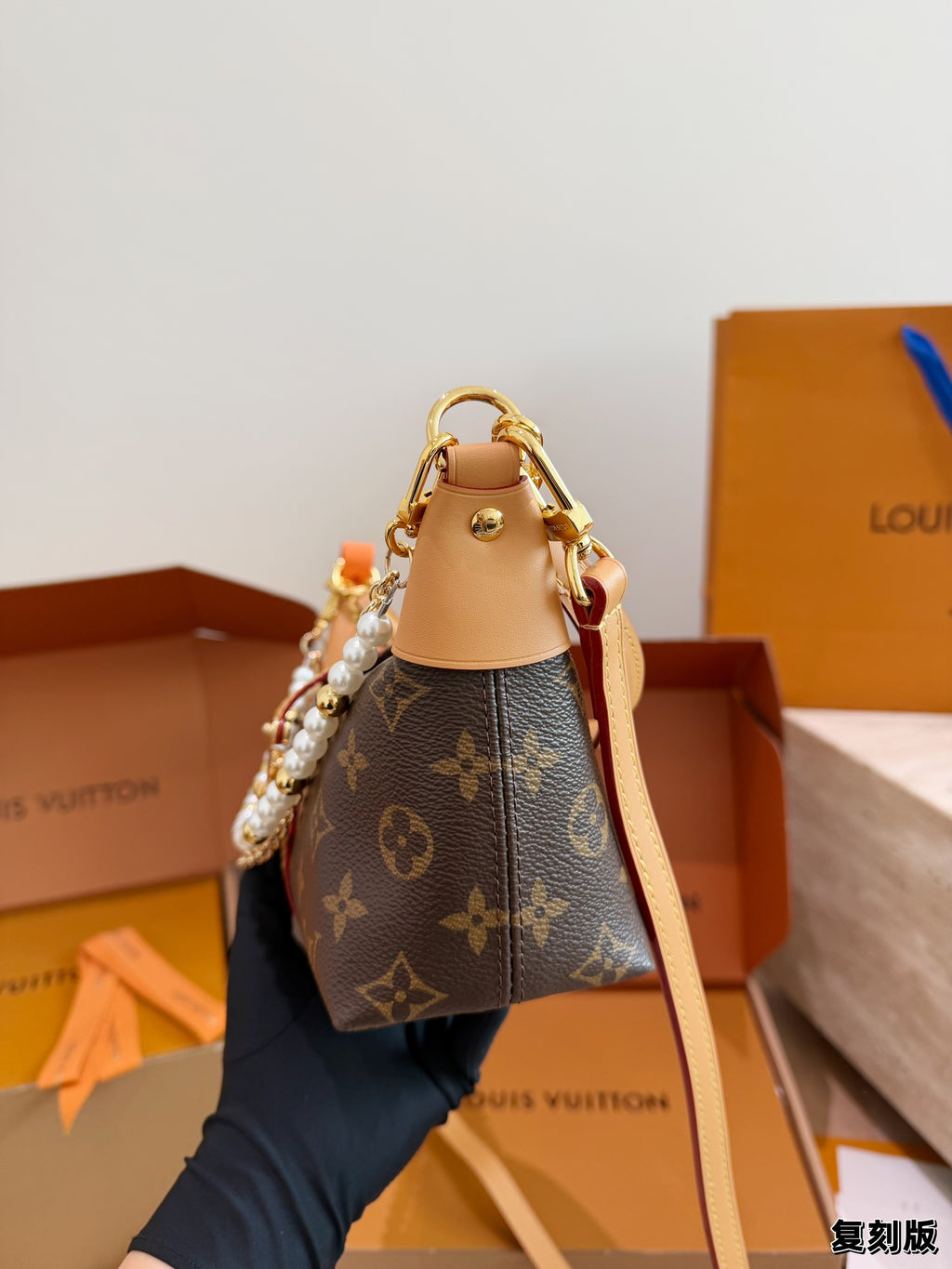 Monogram Pearl-Chain Shoulder Bag — view 5