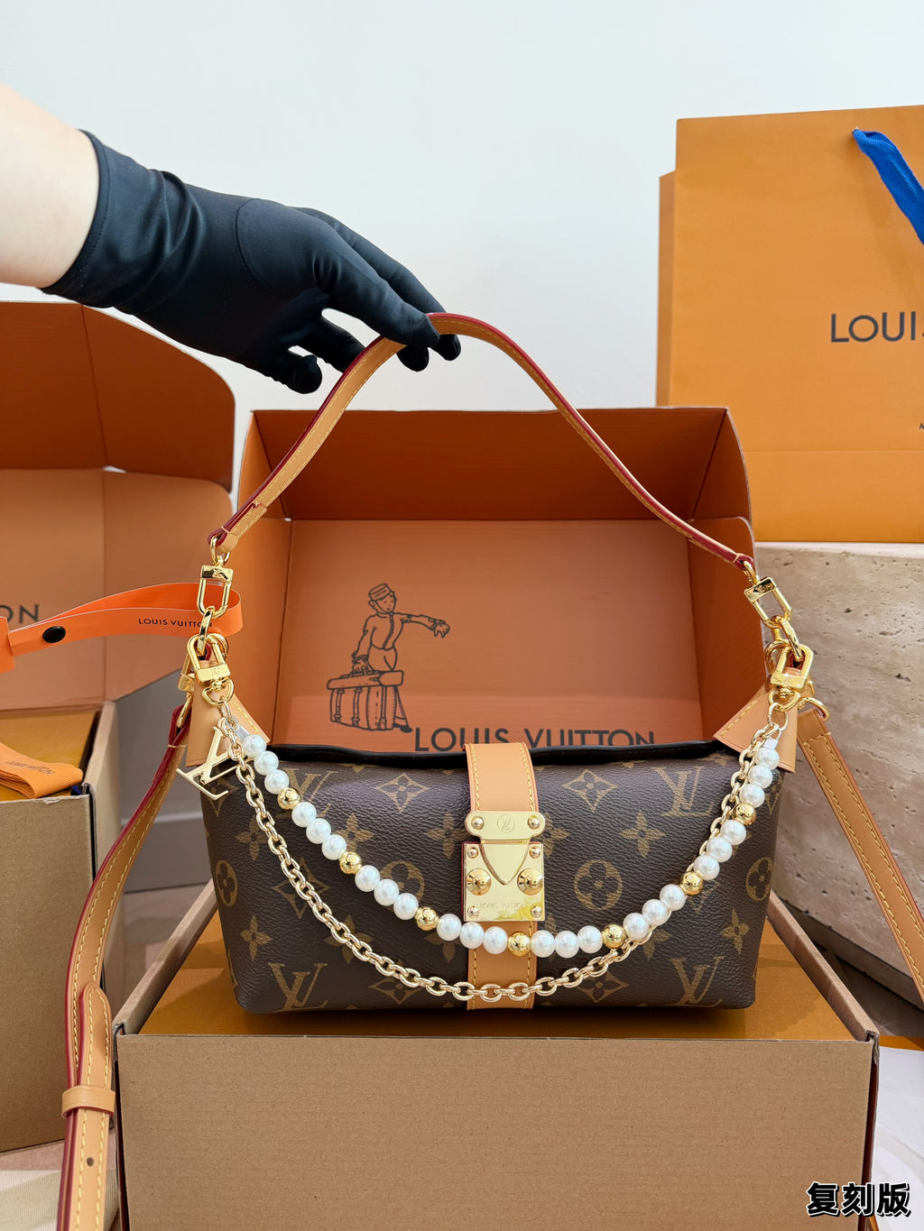 Monogram Pearl-Chain Shoulder Bag — view 8