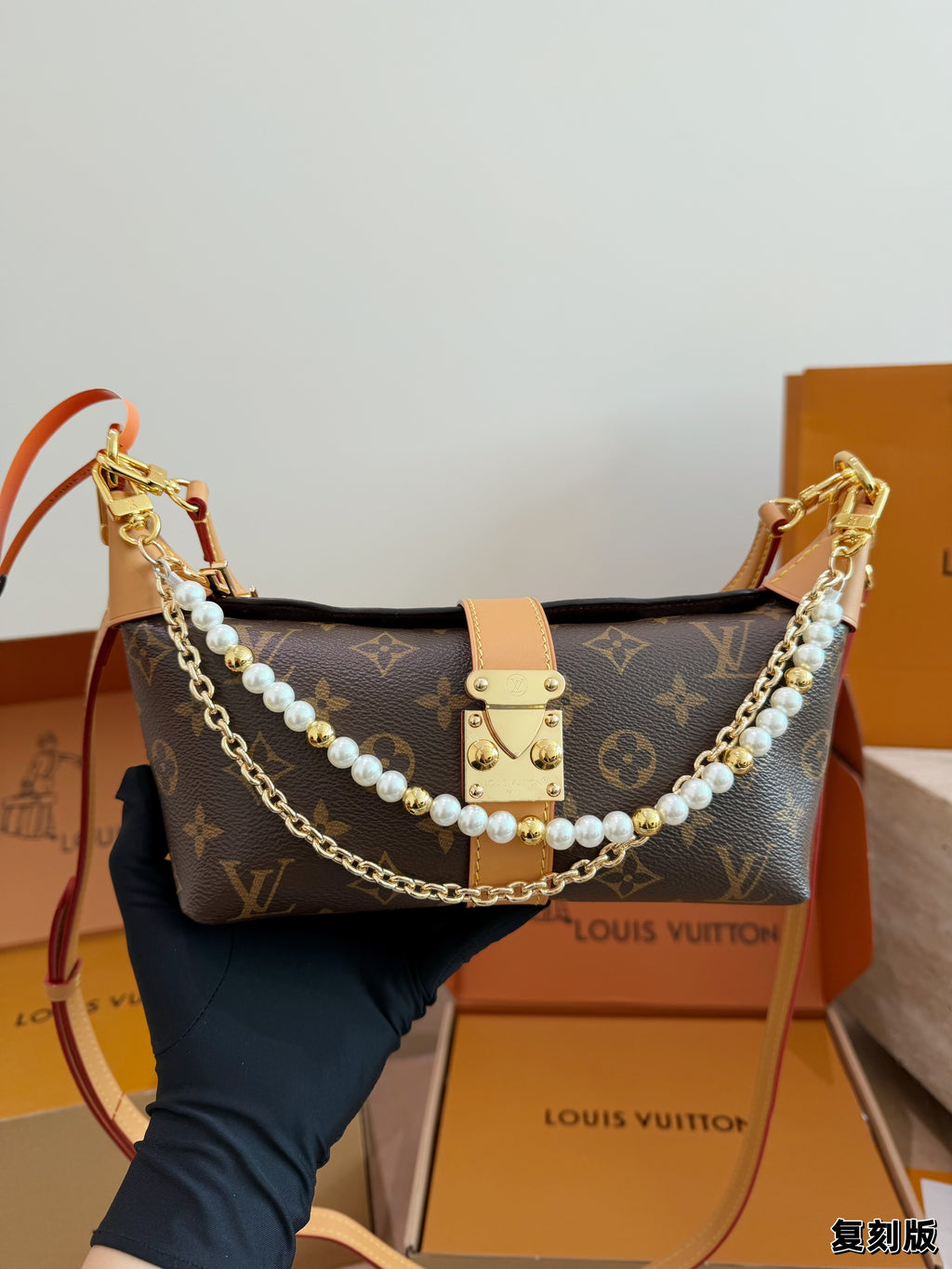 Monogram Pearl-Chain Shoulder Bag — view 9
